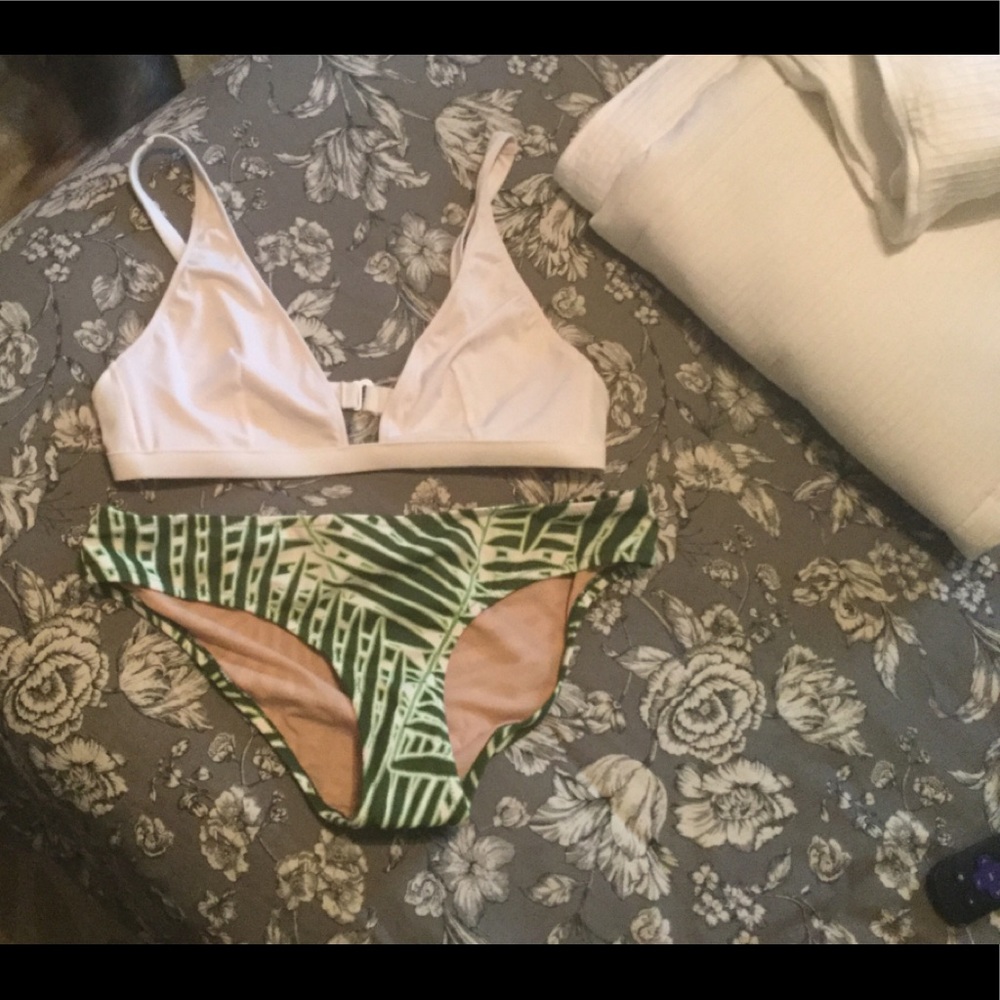 White Jcrew bikini top and  green leaf bottoms